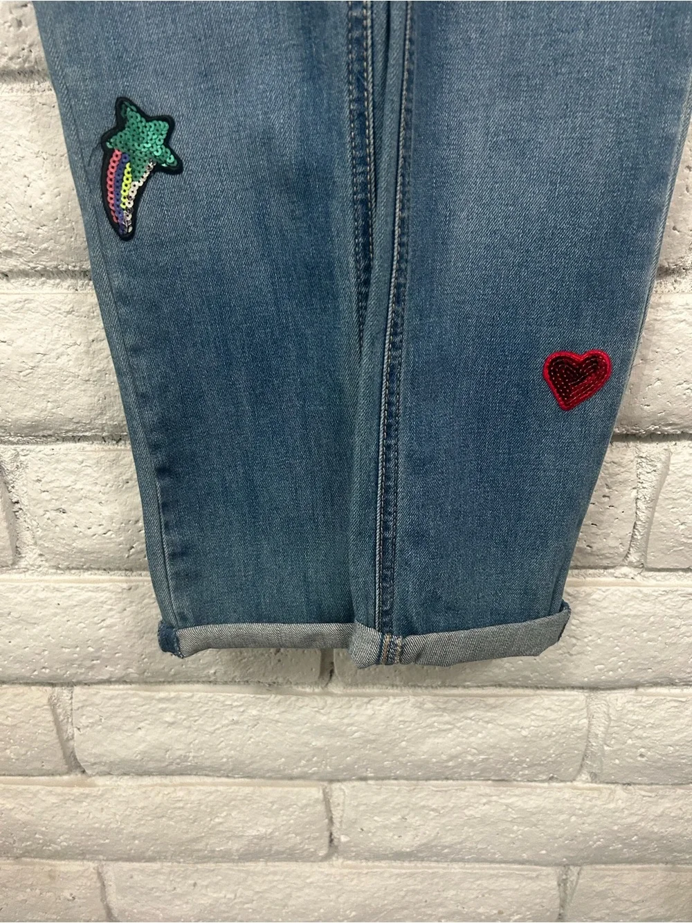 The Children's Place Girls Jeans Size 10 Patch Denim Emoji Rainbow Heart NWT